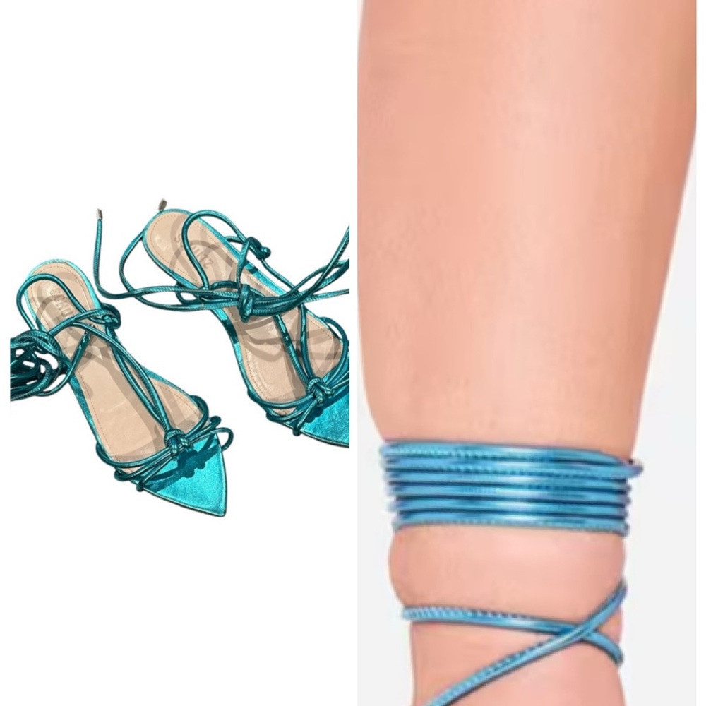 SCHUTZ LACE-UP METALLIC AQUAMARINE GLADIATOR POINTY TOE FLAT SANDAL SHOES